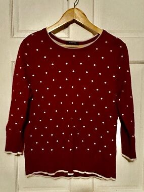 Lands' End Red Polka Dot Cotton Sweater with White Trim